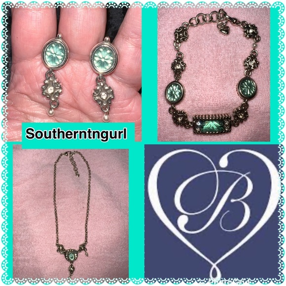 NWOT VINTAGE BRIGHTON “Mystique” Green wPearls Silver NecklaceBraceletEarrings